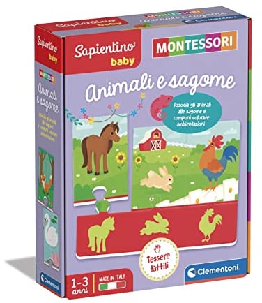 Clementoni - Sapientino Baby Tiere und Silhouetten - Lernspiel 1 Jahr (italienische Version), Montessori-Spiele, taktiles Puzzle, Made in Italy, Mehrfarbig, 16408