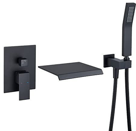 Wowkk Wall Mount Tub Filler Waterfall Roman Tub Faucet Black Single Handle Brass Bathroom Bathtub Faucet with Hand Shower