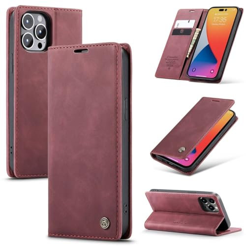 König Design Handyhülle für Apple iPhone 14 Pro Max Hülle Premium Kunst-Leder Klappbar Flip Case Magnet Kartenfach Standfunktion Tasche Schutzhülle für Apple iPhone 14 Pro Max (Weinrot)