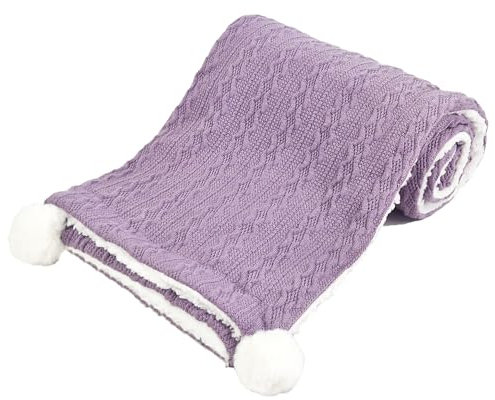 Soft Touch Babydecke mit Zopfmuster, superweiches Sherpa-Futter und Pompons, Violett