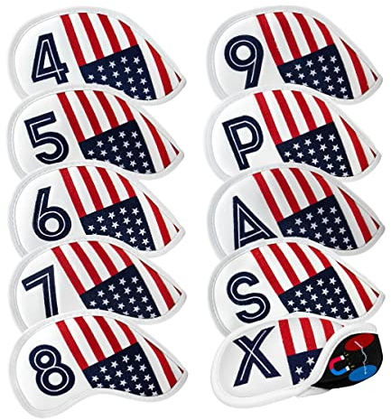 Aliennana Golf Magnetic Iron Head Covers Set 10pcs/Set - USA Flag Pattern Leather Iron Club Cover - Weather Resistant