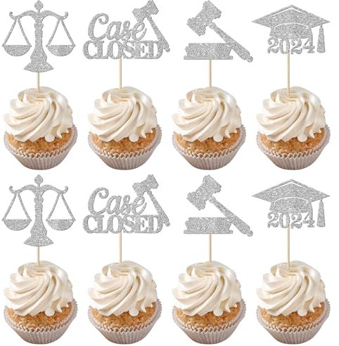 Cupcake-Aufsätze für Anwälte 2025, Glitzer, Klasse 2025, für Rechtsanwälte, Schulabschluss, Party, Kuchendekorationen, Silber, 24 Stück