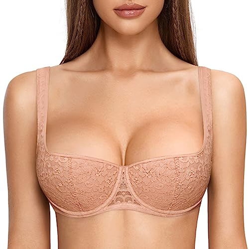 DOBREVA Women's Push Up Bra Sexy Balconette Bra Padded Half Cup Lace Underwired Cream Coffee 42DD