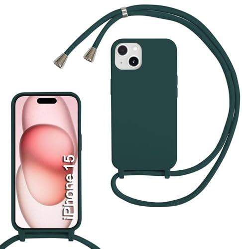 MBSLFY Silikon Handykette für iPhone 15 Hülle mit Band,Silikon Necklace Handyhülle mit Abnehmbar Kordel zum Umhängen Stossfest Bumper Handy Schutzhülle für iPhone 15, Dunkel grün