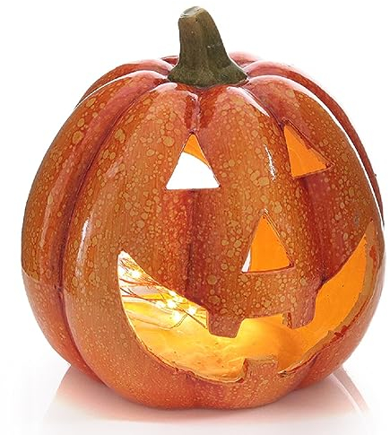 dekoratives herbstliches Dekoobjekt Kürbis mit lustigem Gesicht als Windlicht aus orangefarbiger Keramik glänzend (groß)