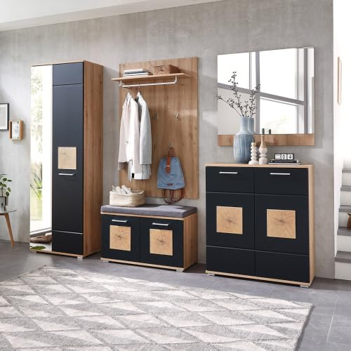 Lomadox Garderoben-Set 5-teilig in braun mit schwarz | Flurgarderobe in Eiche mit schwarz supermatt | Garderobenschrank, Garderobenpaneel, Flurbank, Schuhschrank, Spiegel