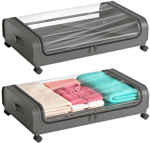 Cajas Almacenaje Ropa Bolsas de Almacenamiento Guardar 2 Piezas Organizador Armario Canape con ruedas Marco Metálico Ventana Transparente Caja Bajo Cama Para Zapatos Mantas Juguetes Edredones,Gris