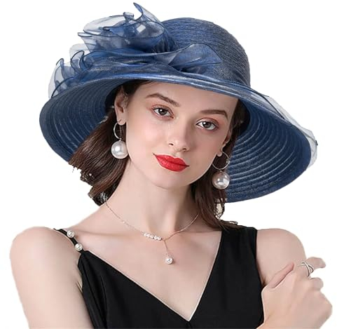 Organza-Derby-Hut für Damen, breite Krempe, Brautschmuck, Hochzeit, Kentucky Kirche, Teeparty, Sommer, Sonne, Fascinator Hut, Marineblau mit Blumendekor, Medium