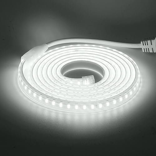 HEGEHE Ruban LED, Lumière au LED IP65 étanche 220V Bandeau flexible Ruban LED Light Strip pour Escalier, Chambre, Cuisine Intérieur/Extérieur (Blanc, 5M)