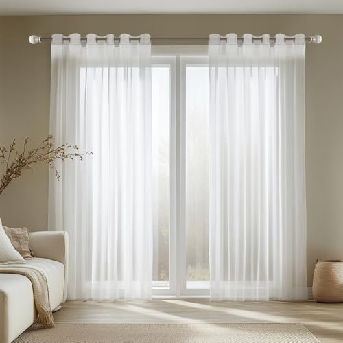 NAKIHOUSE Voile Curtain 63 Drop 2 Panels Net Curtains for Windows Eyelet Top Sheer Curtains for Kitchen Living Room Bedroom Window Treatment, White Voiles, 52 x 63
