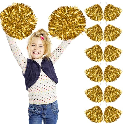 Newtic 12 Stück Cheerleader Pompons Gold, Pompons Cheerleader Set, Pompon Pompom Girl mit Griffen pompoms cheerleading für Zum Schule Sport Prost Tanz Nacht Party Karneval
