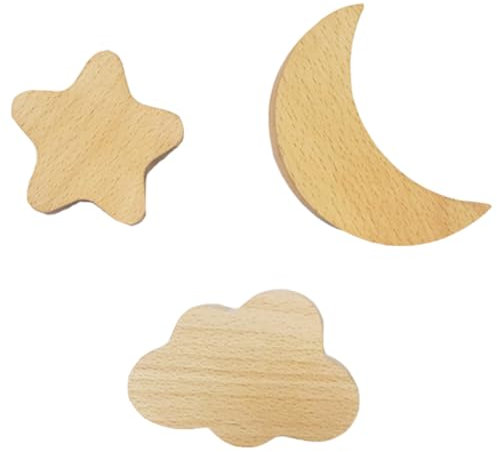 Zerodeko 3piezas Gancho De Pared De Madera Maciza Forma De Estrella y Luna Ganchos Para Colgar Abrigos y Sombreros Hogar Entrada