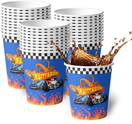 MeriHap Hot Car Happy Birthday Decoration - 30Pcs Wheels Wild Race Paper Cups, 3 Styles for Party Favors, Game and Supplies