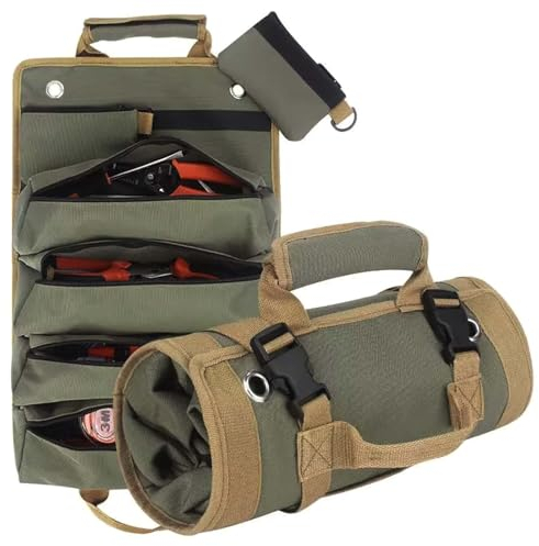 Cleminsta Borsa per Attrezzi, Borsa Porta Attrezzi Borsa Attrezzi Lavoro Arrotolabile, Organizer Borsa Attrezzi Borsa Portautensili Multitasche per Falegnami Idraulici Elettricisti e Meccanici (Verde)
