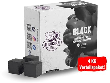 Al Duchan Shisha Kohle Naturkohle – Premium Kokoskohle für Wasserpfeife – 1KG, 4KG, 10KG, 20KG – Hohe Hitze, Lange Brenndauer (Black 28x28x28mm 4KG)