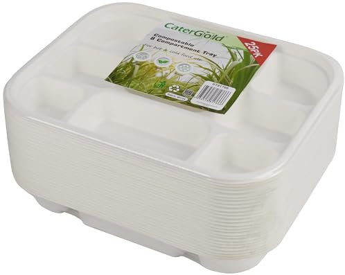 Catergold Sturdy Disposable Bagasse Paper 8 Compartment Trays 28 x 23 x 4 cm. 25pk