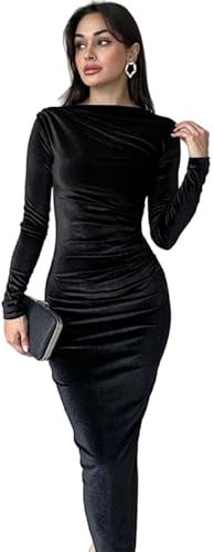 Haibang Damen Samtkleid Langarm Elegant Winterkleid Bodycon Midikleid Figurbetontes Kleid Sexy Rüschen Langarmkleid Vintage Freizeitkleid Einfarbig Abendkleid Partykleid Clubkleid Cocktailkleid