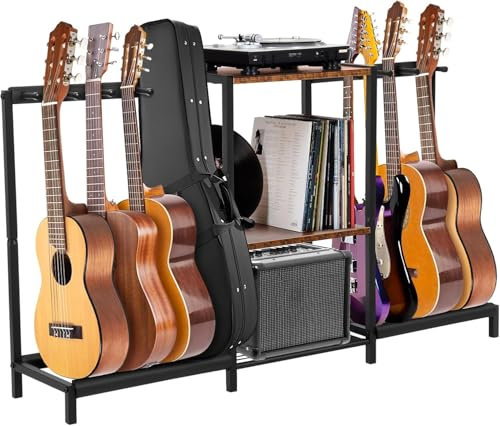 MYOYAY Gitarrenständer mit Ablagefach, Mehrere Gitarrenständer mit 3 Etagen, Holz Multi-Gitarrenständer mit Plattenspieler Ständer für Heimstudio Musikzimmer