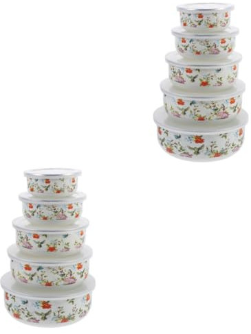 OKUMEYR 10 Pcs Set of Bowls Retro Enamel Bowls Enamel Nesting Bowls Enamelware Bowls Noodle Bowl with Lid Bowls with Lids Meal Prep Bowls Fresh Keeping Bowls Multi-use Enamel Bowls Red