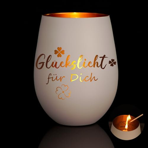 Geschenke für Frauen, Graviertes Windlicht mit Aufschrift Glückslicht Geschenkidee, Windlicht aus Glas Teelichthalter mit Gravur für Geburtstag Frauen, Dankeschön Geschenke, Glücksbringer Abitur