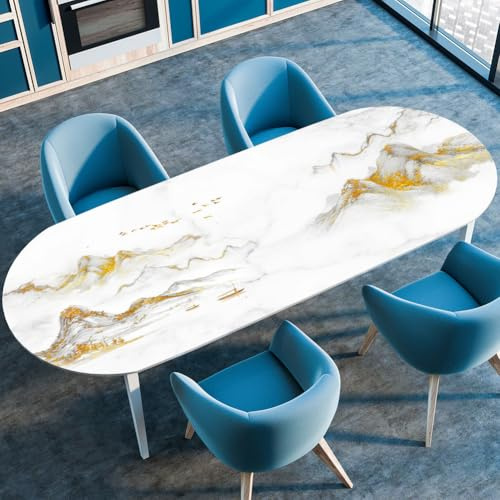 Odot Waschbare Elastische Runde Tischdecke Oval 3D Druck Abwaschbar Spanntischdecke Oval Gartentischdecke Outdoor Oval Tischdecke mit Gummizug, Modern Stil (132x229cm,Weiß)