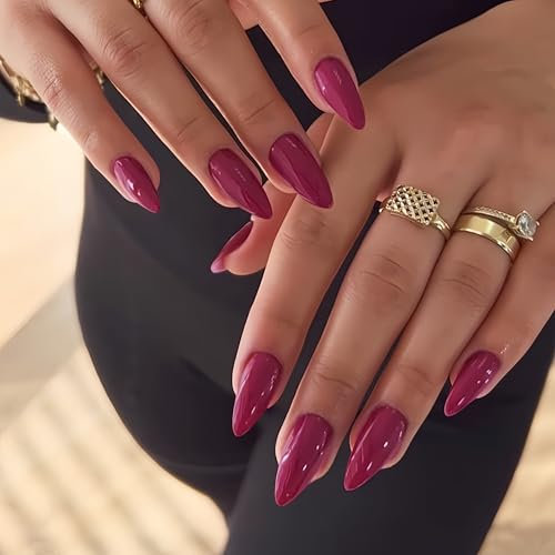 SXVME Berry False Nails Medium, Acrylic Press on Nails Almond Solid Color Full Cover Fake Nails Medium Stiletto Stick on Nails for Women DIY Nail Art 24 Pcs