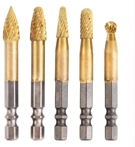 KEWAYO 5 Stück Hartmetall Frässtifte Set, Hartmetallfräser mit Doppelschnitt, 6.35mm Sechskant Schaft Fräsbohrer Metall,Rotary Fräser Frässtifte für Holz Gravieren, Schleifen, Schnitzen, Metallpolie