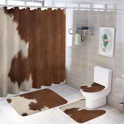 CAEITLRSO 4-teiliges Duschvorhang-Set mit Braun Weiß Gefleckt, Kuhfell Gefleckt mit rutschfesten Teppichen, WC-Deckelbezug und Badematte, Badezimmervorhang-Dekor-Set mit 12 Haken, 180cm X 200cm