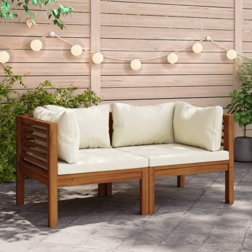 CINDERFUL Ecksofas 2 STK. mit Cremeweißen Kissen Massivholz Akazie,Modulares EckSofa aus Akazienholz mit Cremefarbenem Polster für Garten und Terrasse Gartensitzmöbel