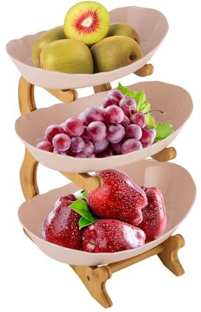 KEESUNG Etagere 3 Etagen, Obst Und Gemüse Aufbewahrung Obst Etagere 3 Stöckig Küche Obst Aufbewahrung Obstschale mit Bambusholzständer für Obst, Kuchen, Süßigkeiten (Holz, Beige)