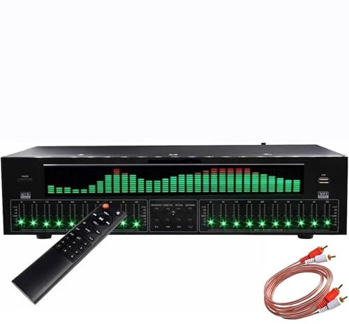 31-Band Digital Equalizer, Stereo Graphic EQ, Music Spectrum Analyzer with Remote Control and Audio Cable, 12 Rhythm Patterns, 32Hz~16Kz High/Mid/Low Bass Precision Control for Recording Studio