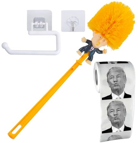 Trump Set de brosse de toilette, avec papier toilette imprimé, brosse de toilette, longue poignée, convient pour le nettoyage quotidien, cadeau amusant