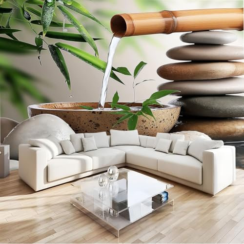 3D Wall Mural Plant Bamboo Pebble Fountain, Light Print Photo Wallpaper, Premium Non-Woven Wall Mural Decoration Poster Design, 150 x 105 cm Wallpaper for Living Room Bedroom