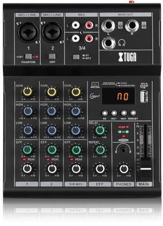 XTUGA N4 4 Channel Audio Mixer, Bluetooth/USB/MP3 Support, 48V Phantom Power, for PC Recording/Karaoke/Stage Performance/Studio Broadcast