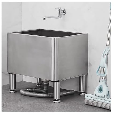 JYBNBBE Wischbecken aus Edelstahl, 30 cm tiefes Becken mit Spülbeckenablauf, gewerbliches Bodenwischbecken, Spülbecken für Waschküche, mit Wasserhahn,Silver-A
