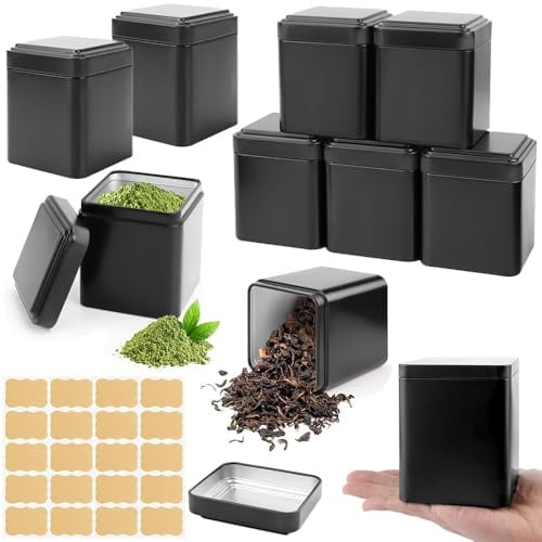 SKJJM 10 Stück Klassische Eckige Teedose, 7 x 7 x 8,5 cm Teedosen für Losen Tee Behälter inkl 20 Etiketten, Teedose Luftdicht Eckig, Stapelbare Teedosen Set für Kaffee, Gewürzen, Süßigkeiten