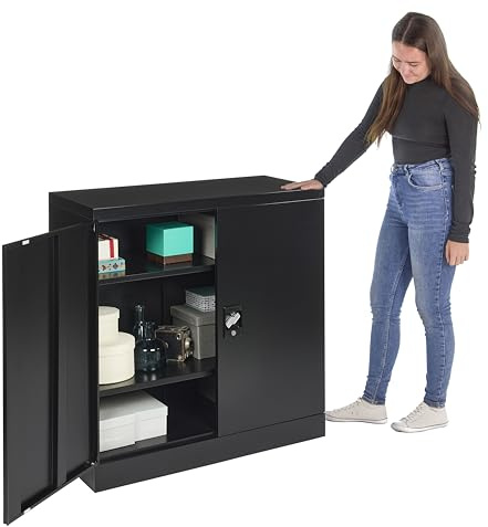 MMT Furniture Designs Ltd Small Steel Cabinet - 2 Door Lockable Filing Cabinet - Metal Storage Cupboard for Home, Office Documents, Files, Kitchen, Pantry & Garage - Black