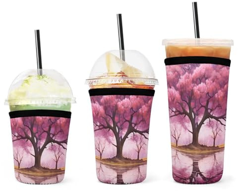 Cherry Tree Neoprene Cup Sleeves for Hot and Cold Drinks Set of 3 Flower Reusable Insulated Coffee Cup Sleeves for Travel Office Home