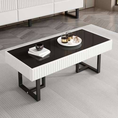 FammyLoft Couchtisch mit Hochglänzende Tischplatte, Coffee Table mit Stauraum, Kaffeetisch, Sofa Tisch, für Wohnzimmer/Esszimmer/Flur, 110 x 50 x 41cm, Minimalistische Design, Schwarz-Weiß