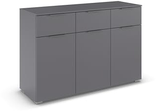 Rauch Möbel Alabama, Kommode, Farbe Grau metallic, Maße 120x81x42 cm | Sideboard 3-türig, 3 Schubladen, Soft-Close-Funktion, Griff Grau metallic, für Schlafzimmer, Kinderzimmer, Garderobe, Flur
