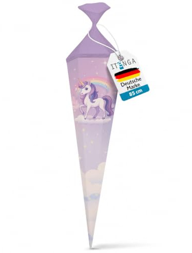 itenga Motiv Schultüte Mädchen 85cm – eckig mit Tüllverschluss – stabile Zuckertüte Einschulung mit Motiv (Einhorn, Pferd, Meerjungfrau, Prinzessin) (Einhorn Zauberwolke)