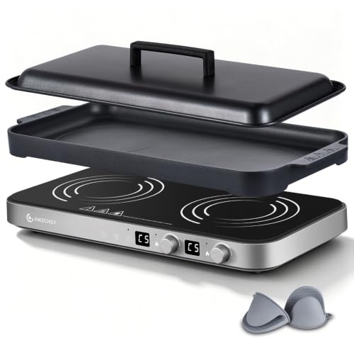 AMZCHEF 3000W Placa de Inducción Doble, Placa de Inducción 2 Fuegos Portátil con Plancha Grill Extraíble, 9 Niveles de Potencia/Temperatura, para Barbacoa Interior y Autocaravana, Gris Hierro
