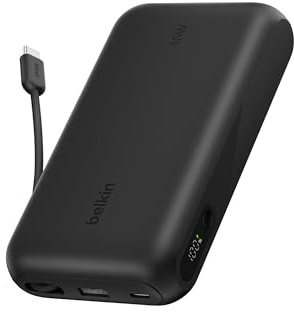 Belkin UltraCharge 20000mAh Power Bank with USB-C Cable and Display - Black | 20K Portable Charger, Charge Up to 3 Devices (1 x USB-C Port + Integrated Cable, 1 x USB-A Port), 45W, Pre-Charged, Display
