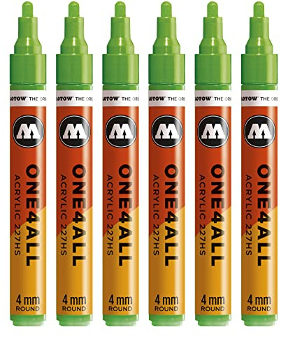 Molotow One4All 227HS Acryl Marker (4,0 mm Strichstärke, hochdeckend und permanent, UV-beständig, für fast alle Untergründe) 6 Stück Farbe 219 neongrün floureszierend | 4,0 mm Strichstärke, hochdeckend und permanent, schnell trocknend, UV-beständig, nachfüllbar, für fast alle Untergründe