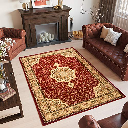 TAPISO Yesemek Teppich Klassisch Kurzflor Wohnzimmer Orientalisch Rot Beige Gemustert Floral Ziegler Ornament Bordüre Barock Design ÖKOTEX 250 x 350 cm