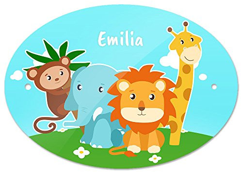 Türschild mit Namen Emilia und schönem Tier-Motiv mit AFFE, Elefant, Löwe und Giraffe für Mädchen | Kinderzimmer-Schild