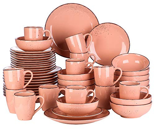 vancasso Serie Navia Jardin Vajillas de 48 pcs, Juego de Vajillas, Platos de Cena, Postre, Cuencos y Tazas, Esmaltada Gres Vajillas Retro para 12 Personas Rosa