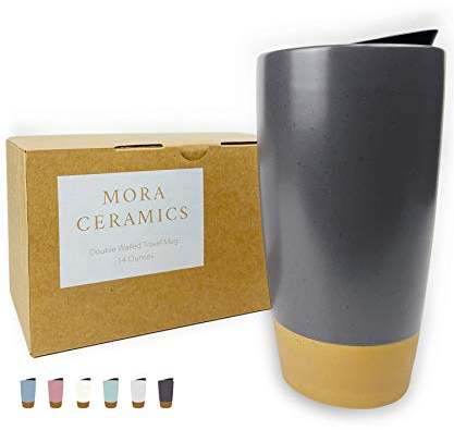 Mora Double Wall Ceramic Coffee Travel Mug with Lid, 14 oz, Portable, Microwave, Dishwasher Safe, Insulated Reusable Tall Cup, Splash Resistant Lid - To Go Tumbler for Car Cup Holder, Nightwaves