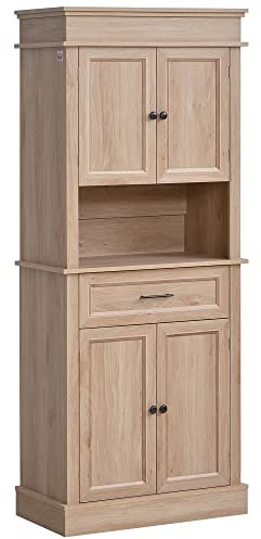 HOMCOM Küchenschrank Hochschrank mit Schublade Esszimmerschrank mit höhenverstellbaren Regalböden Küchenbuffet Kippschutz Spanplatte Natur 74 x 39,5 x 183 cm