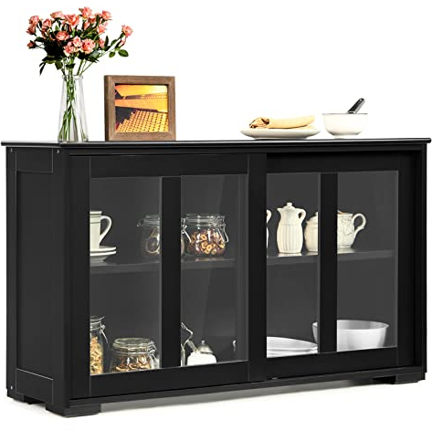 RELAX4LIFE Buffet de Cuisine 2 Portes Coulissantes en Verre et 2 Couches Réglables, Buffet Cuisine Meuble Rangement Contemporain pour Cuisine Chambre Salon, 107x33x64cm(Noir)